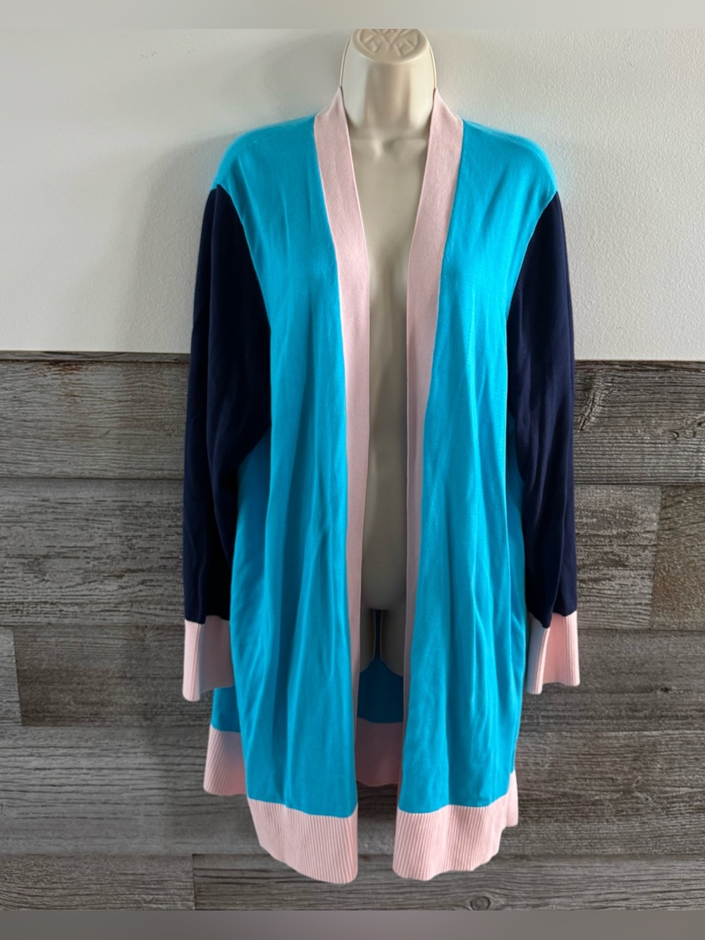 Lands’ End Women’s 1X Open Front Cardigan Sweater Blue Pink Colorblock (E1)